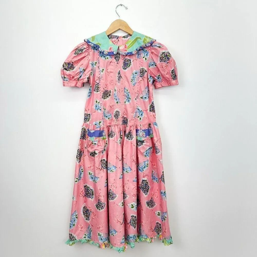 Mousefeathers Vintage Girls Pink Blue Hydrangea Multi Floral Peter Pan Collar Ma